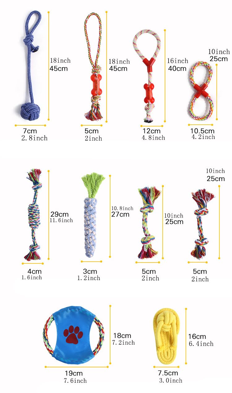Size Chart: 10-Piece Durable Rope Dog Toy Set