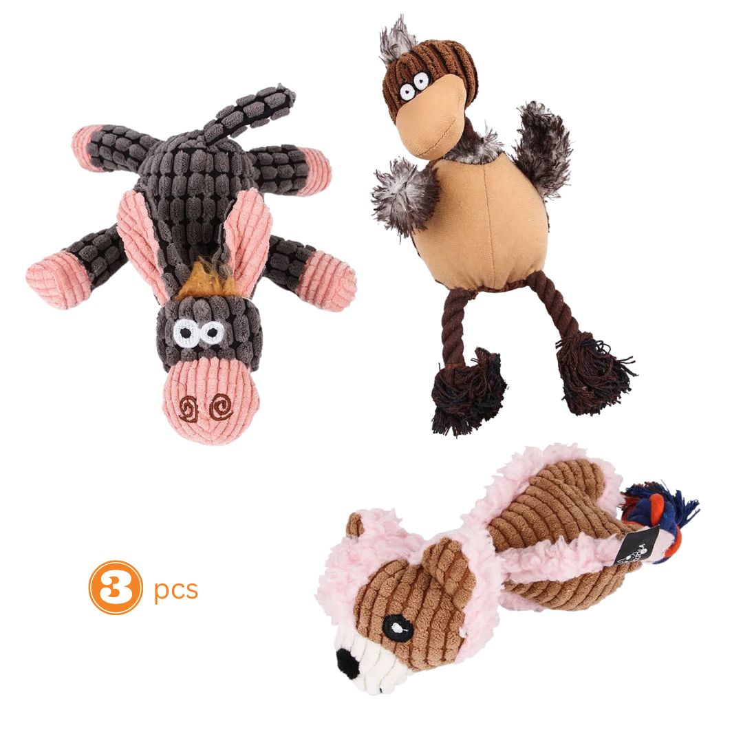 3-Pack Assorted Dog Chew Toys – Cow, Rooster & Fox for Endless Fun