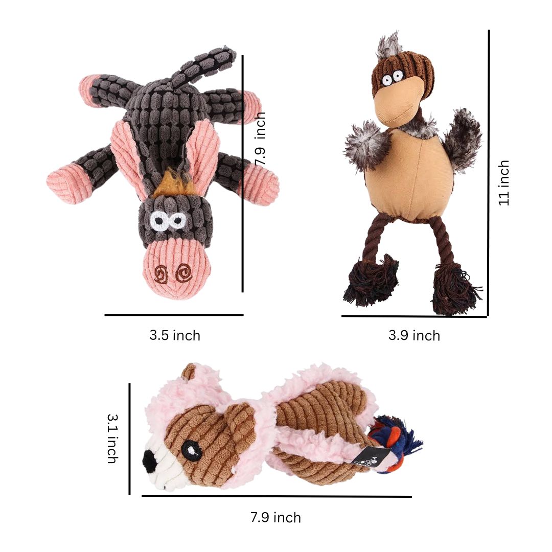 Size Chart 3-Pack Assorted Dog Chew Toys – Cow, Rooster & Fox