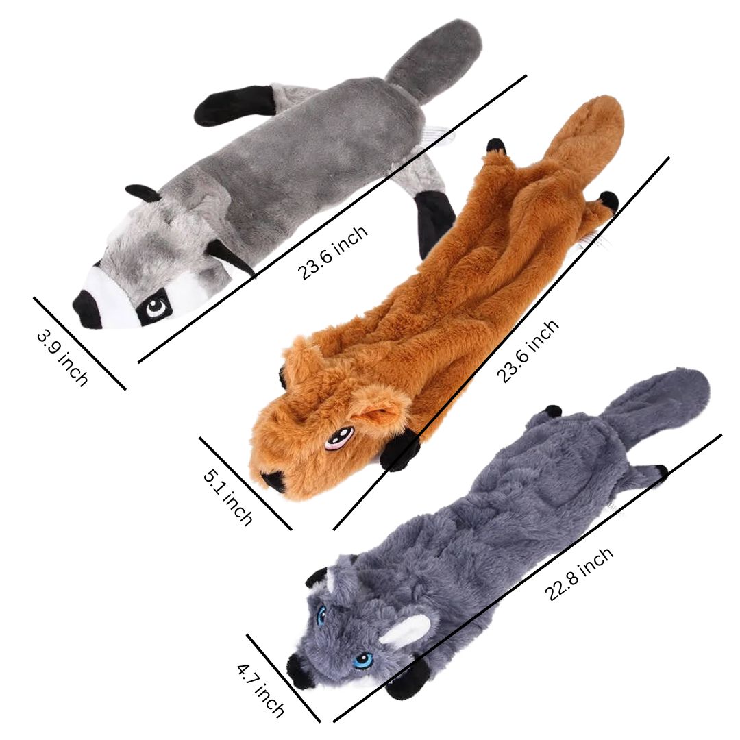 3-Piece No-Stuffing Squeaky Dog Toy Set – Fox, Raccoon & Squirrel
