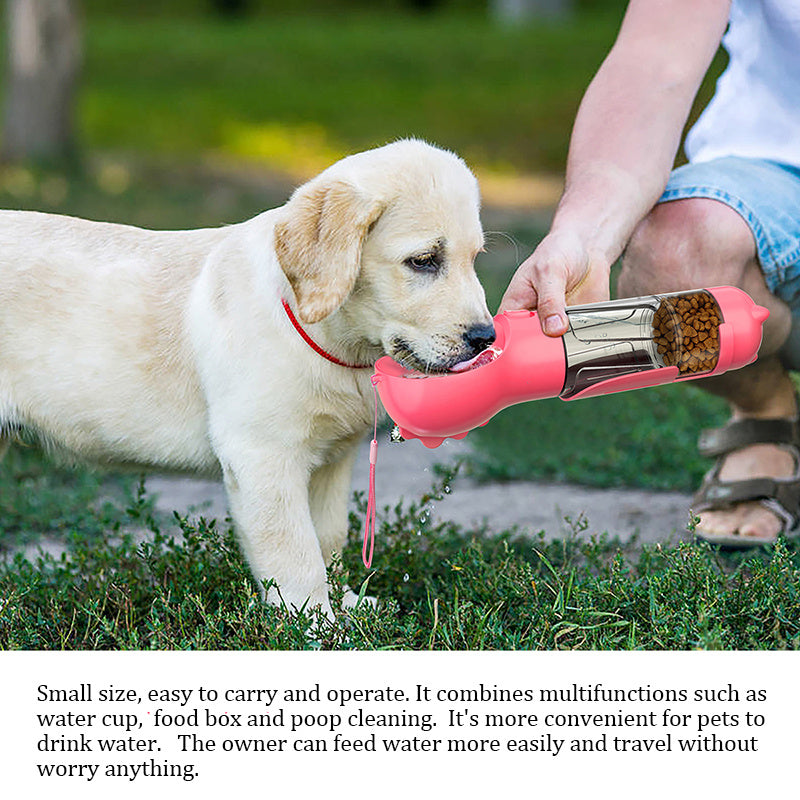 4-in-1 Dog Travel Mug: Water Bottle, Feeder, Poop Scoop & Bag Dispenser