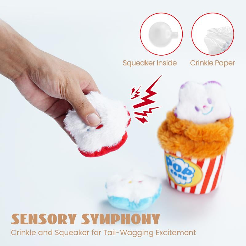 4-in-1 Popcorn Bucket Dog Toy: Interactive hide-and-seek puzzle with squeaky pieces. Durable, refillable design for small/medium dogs. Stimulating playtime fun.