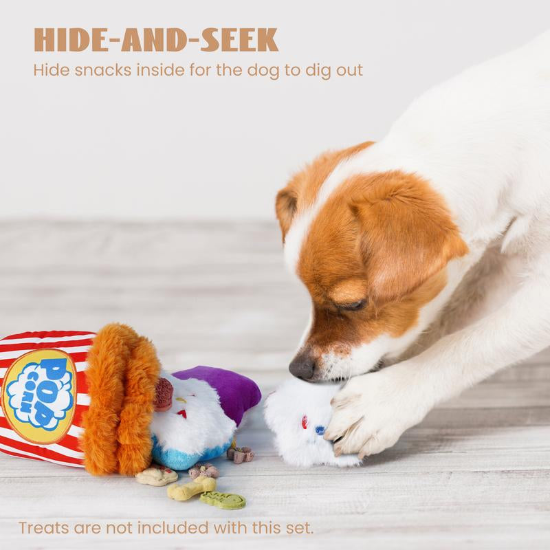 4-in-1 Popcorn Bucket Dog Toy: Interactive hide-and-seek puzzle with squeaky pieces. Durable, refillable design for small/medium dogs. Stimulating playtime fun.
