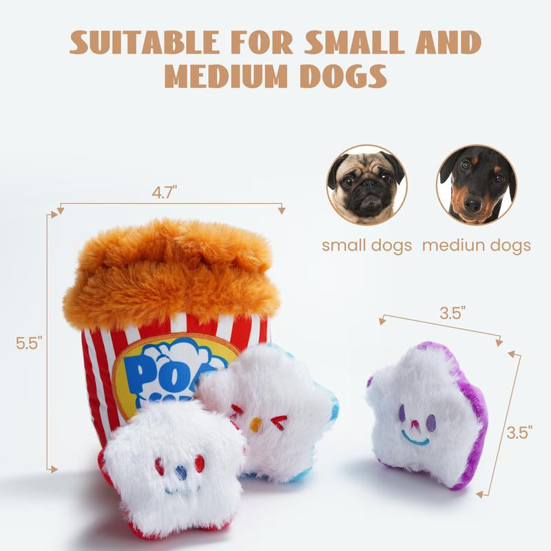 4-in-1 Popcorn Bucket Dog Toy: Interactive hide-and-seek puzzle with squeaky pieces. Durable, refillable design for small/medium dogs. Stimulating playtime fun.