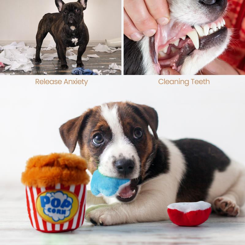 4-in-1 Popcorn Bucket Dog Toy: Interactive hide-and-seek puzzle with squeaky pieces. Durable, refillable design for small/medium dogs. Stimulating playtime fun.