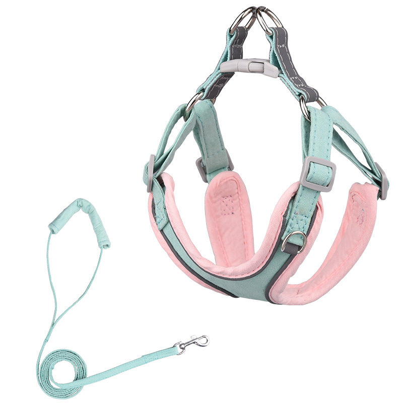 Adjustable Suede Dog Harness and Leash Set with Aqua Leash