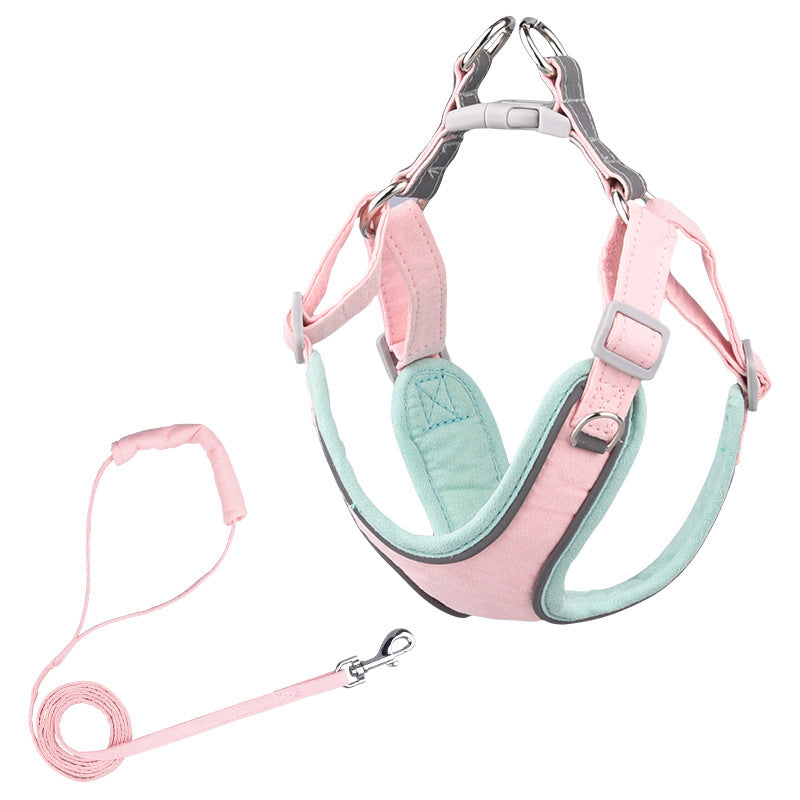 Adjustable Suede Dog Harness and Leash Set with Pink Leash