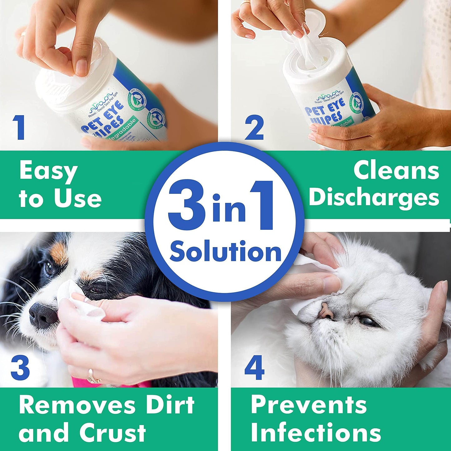 Arava Pet Eye Wipes: Prevent tear stains and remove eye gunk in dogs, cats, and horses. Allergy-free, gentle formula for sensitive eyes. Use with Arava Tear Stain Remover for existing stains. 30-day guarantee. 100 soft, non-irritating wipes.