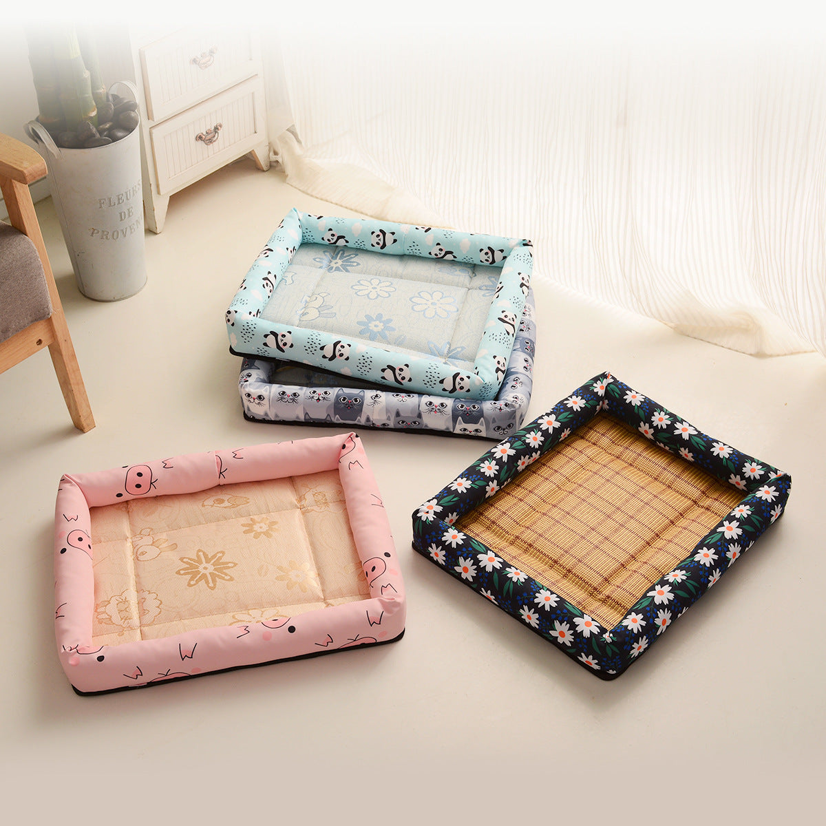 Calming pet bed with plush filling for joint relief and anxiety reduction. Raised rim offers security. Machine washable, perfect for dogs & cats. Available in four prints: pig, floral, cat, panda