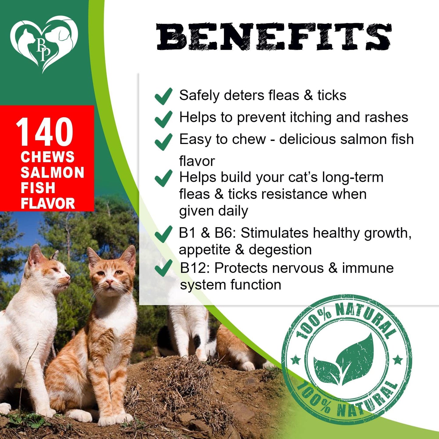 Cat Flea & Tick Chews: Natural, vet-made oral prevention. Salmon-flavored, daily protection against fleas, ticks, eggs, larvae. Safe for all ages. No GMOs. Replaces collars/drops. USA-made.