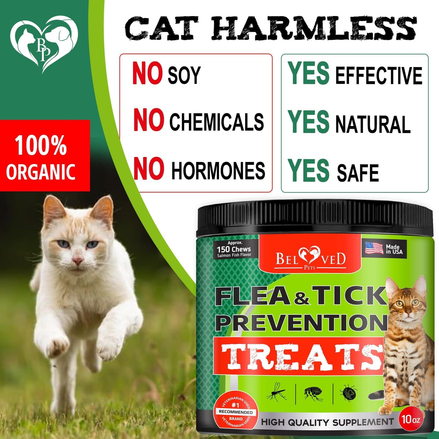 Cat Flea & Tick Chews: Natural, vet-made oral prevention. Salmon-flavored, daily protection against fleas, ticks, eggs, larvae. Safe for all ages. No GMOs. Replaces collars/drops. USA-made.