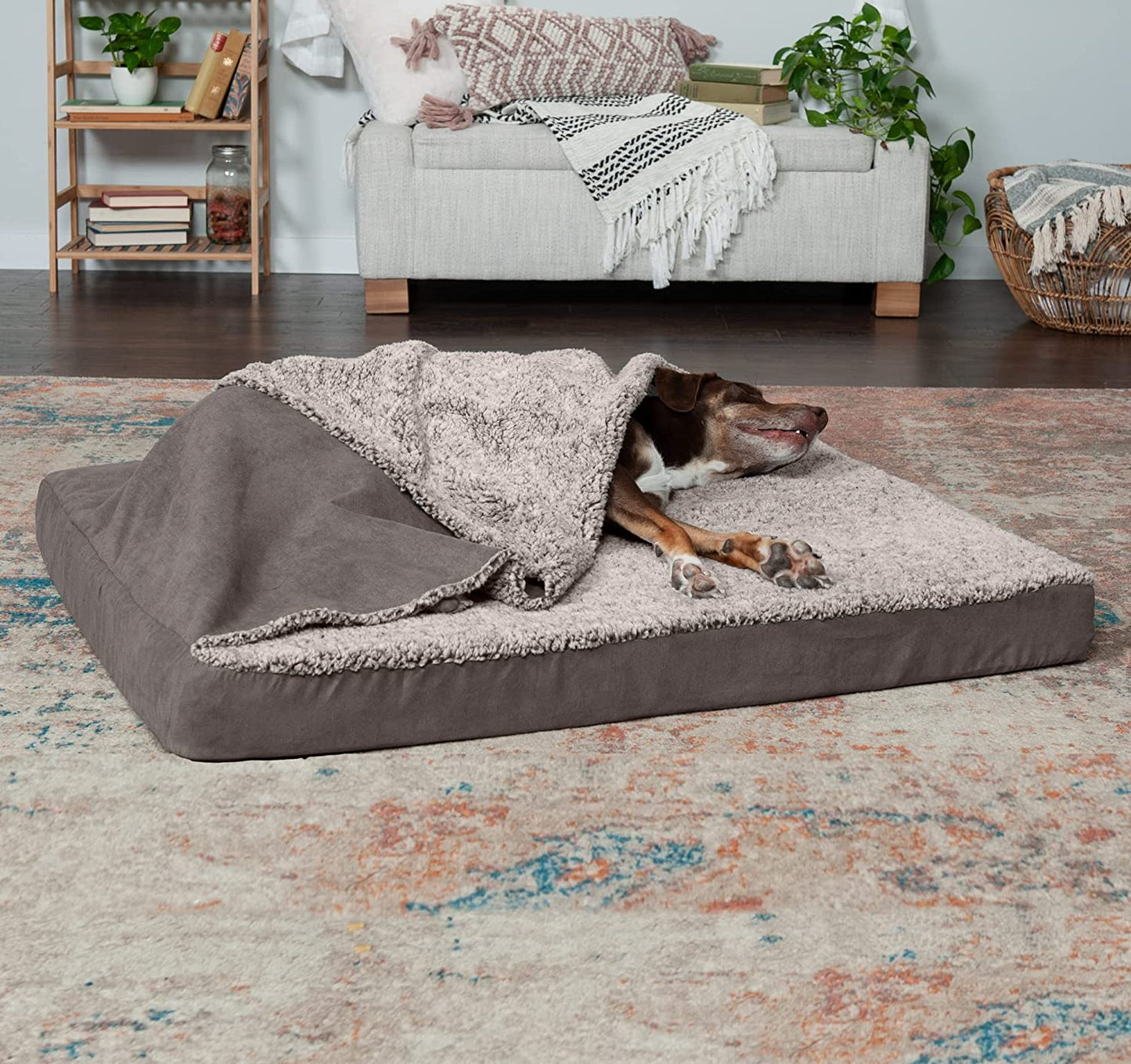 FurHaven's Cozy Burrower Pet Bed: Oversized blanket top, plush lining, cooling gel foam. Machine-washable, CertiPUR-US certified. Jumbo size for burrowing pets.