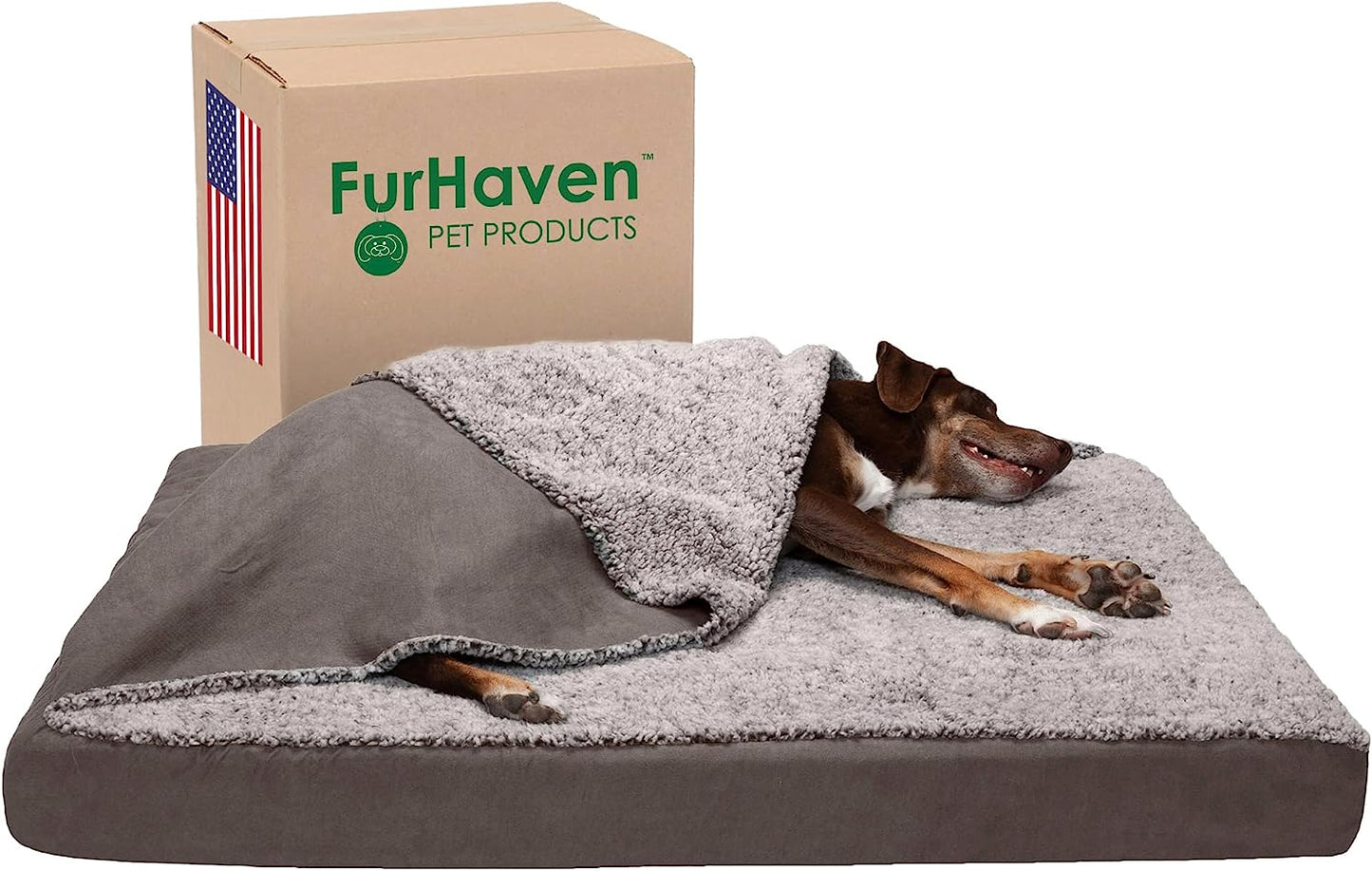 FurHaven's Cozy Burrower Pet Bed: Oversized blanket top, plush lining, cooling gel foam. Machine-washable, CertiPUR-US certified. Jumbo size for burrowing pets.