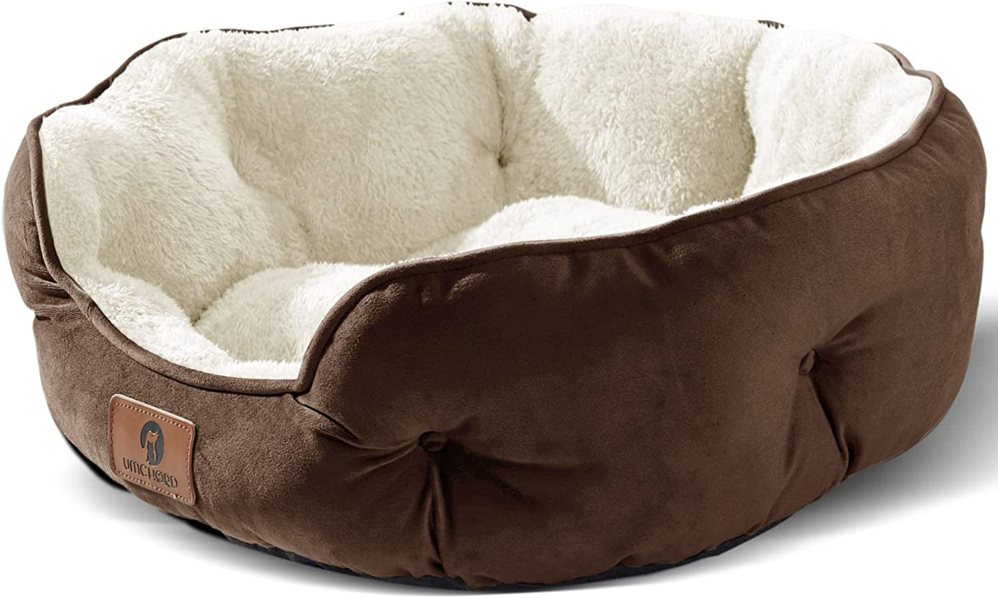 Cozy Cloud Pet Bed: Soft Sherpa fleece for ultimate comfort. 20” round, non-slip bottom. Machine washable. Perfect for small-medium dogs and cats.