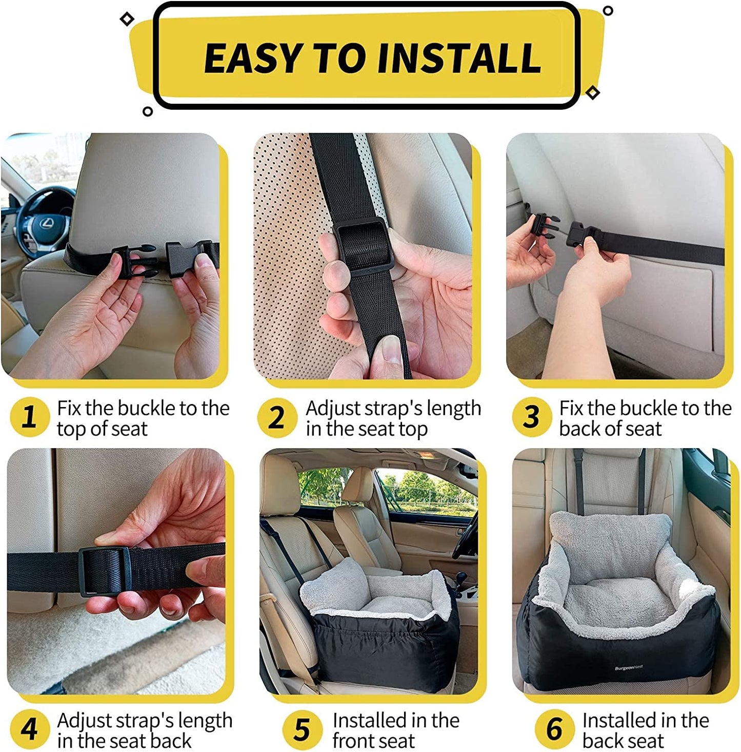 Cozy Cruiser Pet Car Seat: Durable, washable, and secure. Features adjustable straps, easy installation, storage pockets, and reversible cushion. Fits most vehicles.