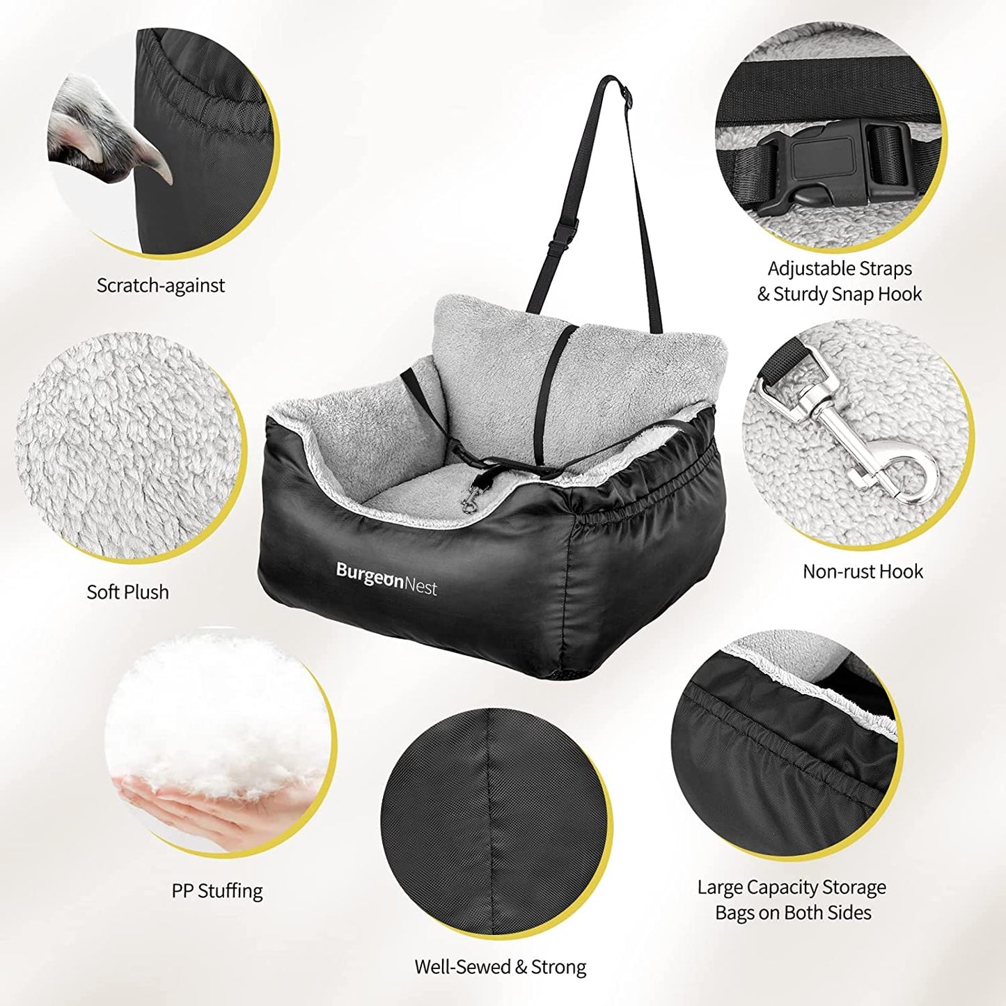 Cozy Cruiser Pet Car Seat: Durable, washable, and secure. Features adjustable straps, easy installation, storage pockets, and reversible cushion. Fits most vehicles.