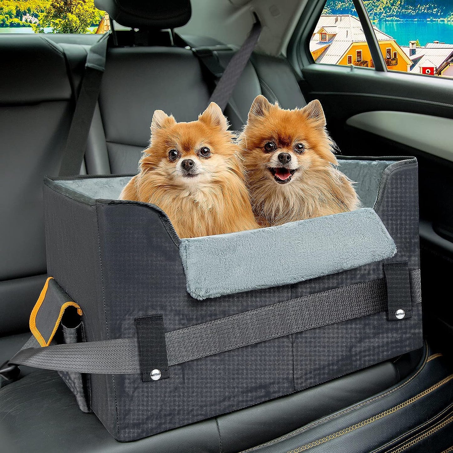 Elevated Dog Booster Seat: 6” rise, plush liner. Fits pets to 45lbs. Secure straps, removable cushion. For small dogs/cats. Safe, comfy car rides.