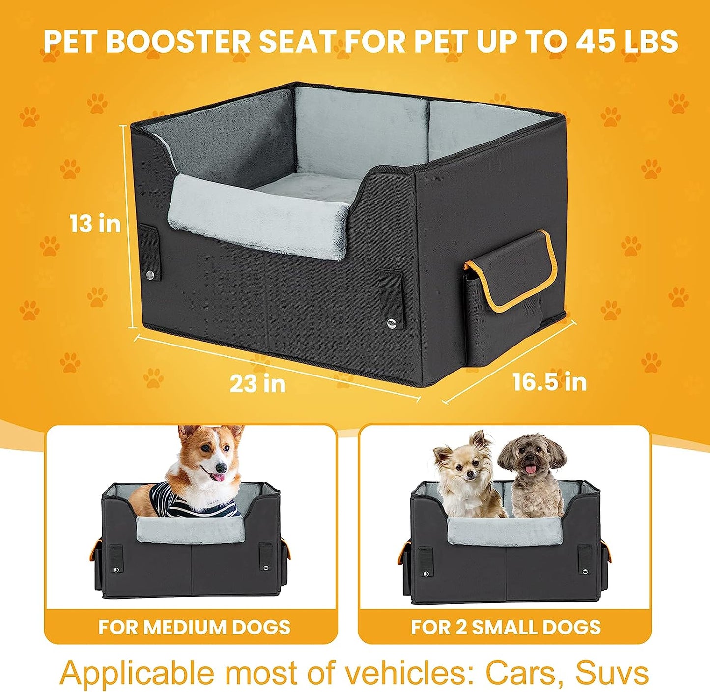 Elevated Dog Booster Seat: 6” rise, plush liner. Fits pets to 45lbs. Secure straps, removable cushion. For small dogs/cats. Safe, comfy car rides.
