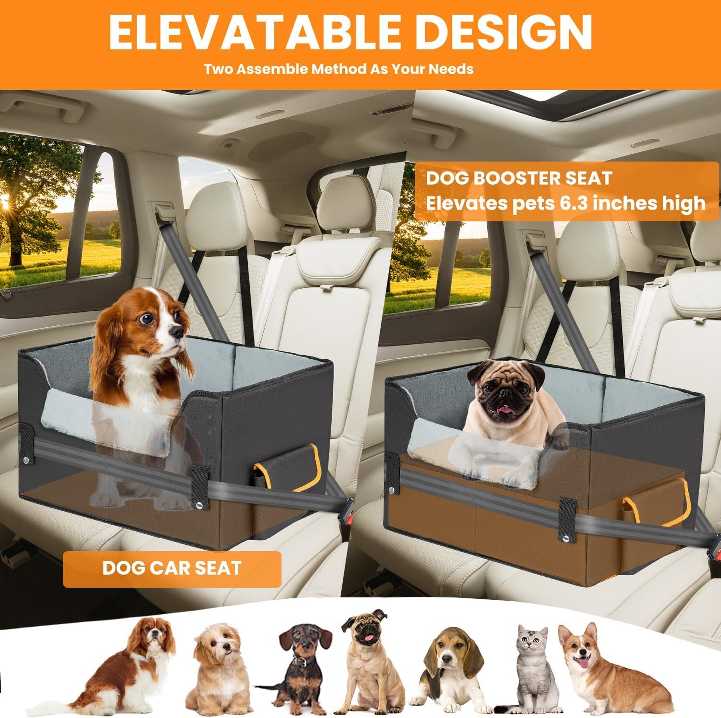 Elevated Dog Booster Seat: 6” rise, plush liner. Fits pets to 45lbs. Secure straps, removable cushion. For small dogs/cats. Safe, comfy car rides.