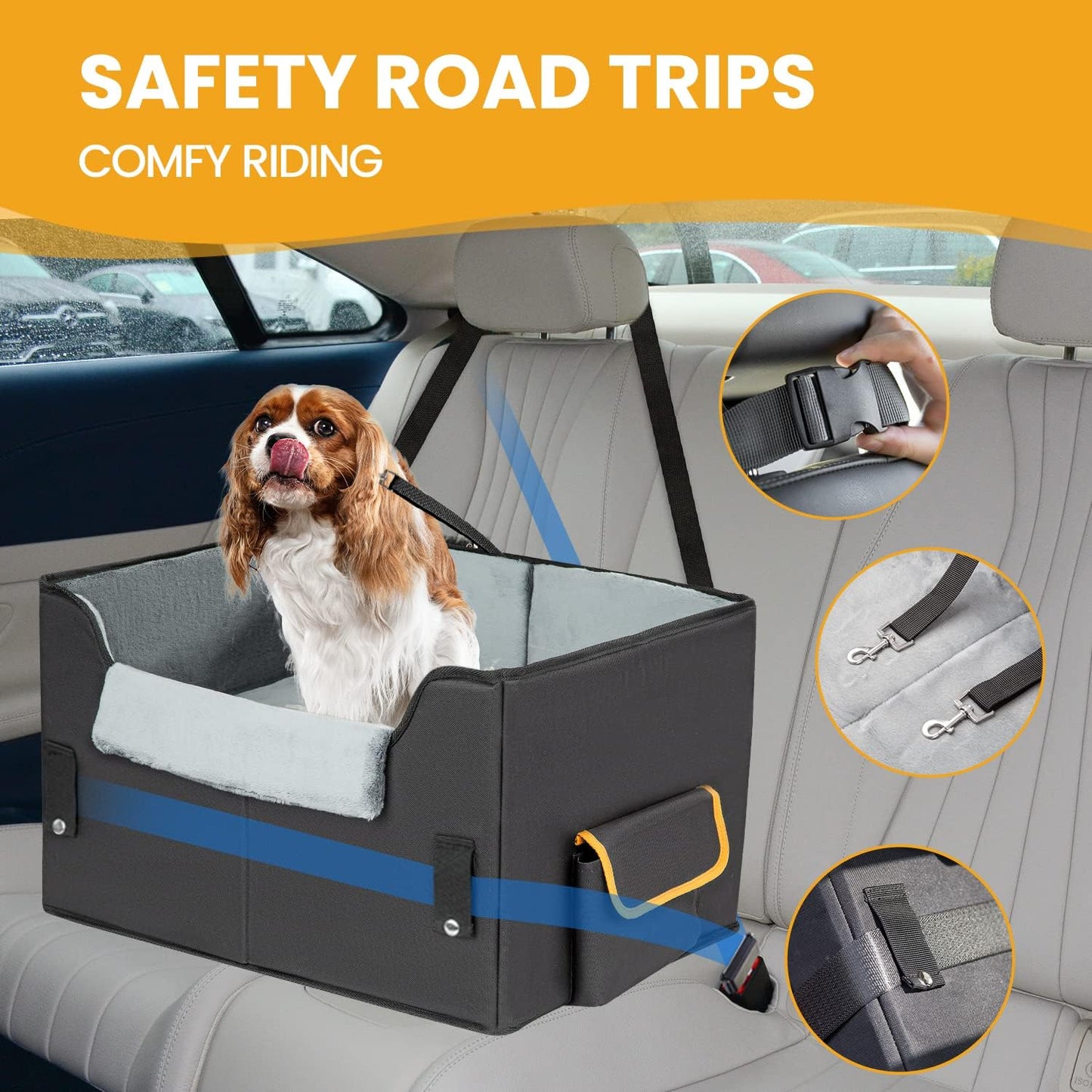 Elevated Dog Booster Seat: 6” rise, plush liner. Fits pets to 45lbs. Secure straps, removable cushion. For small dogs/cats. Safe, comfy car rides.