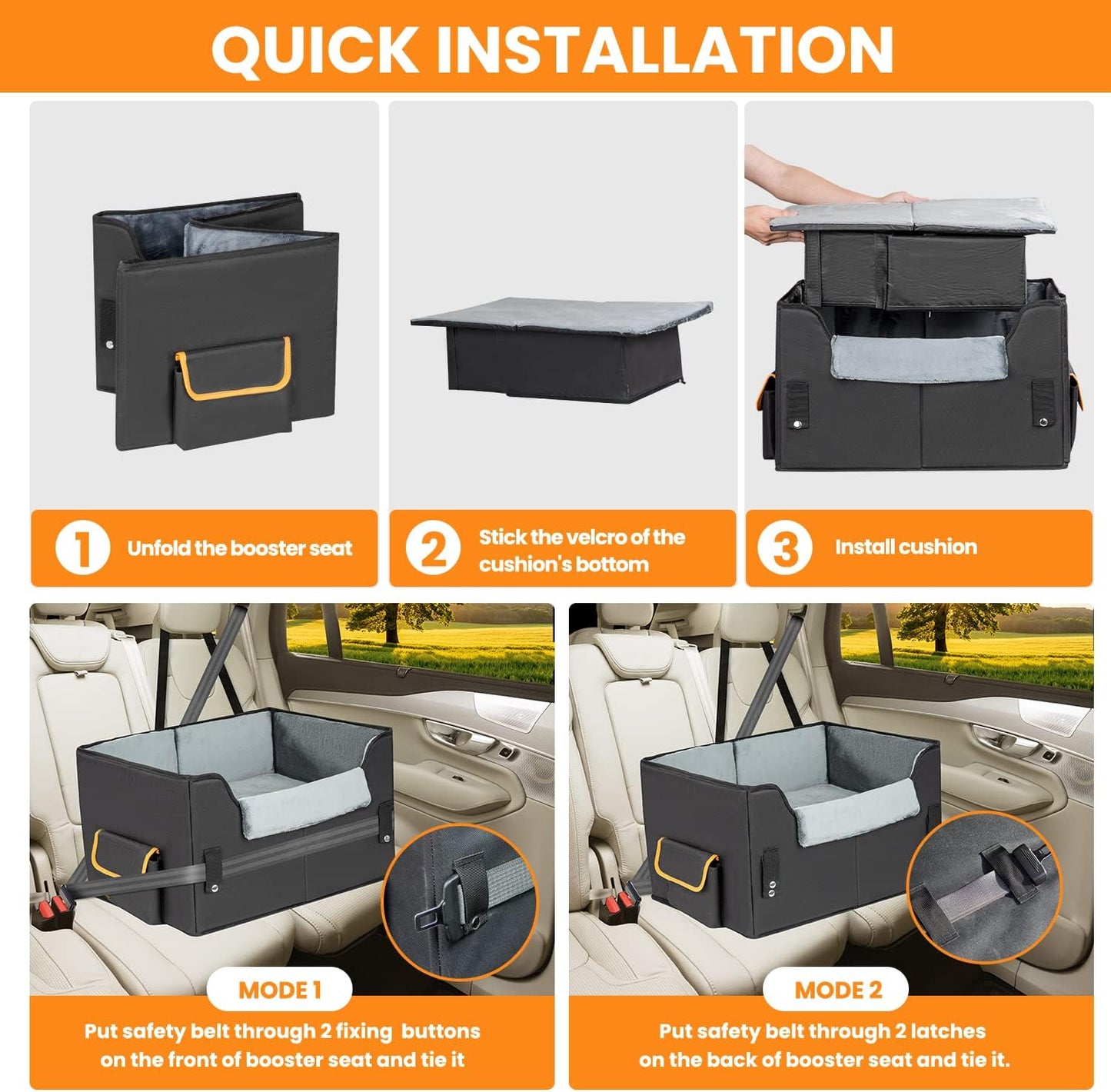 Elevated Dog Booster Seat: 6” rise, plush liner. Fits pets to 45lbs. Secure straps, removable cushion. For small dogs/cats. Safe, comfy car rides.