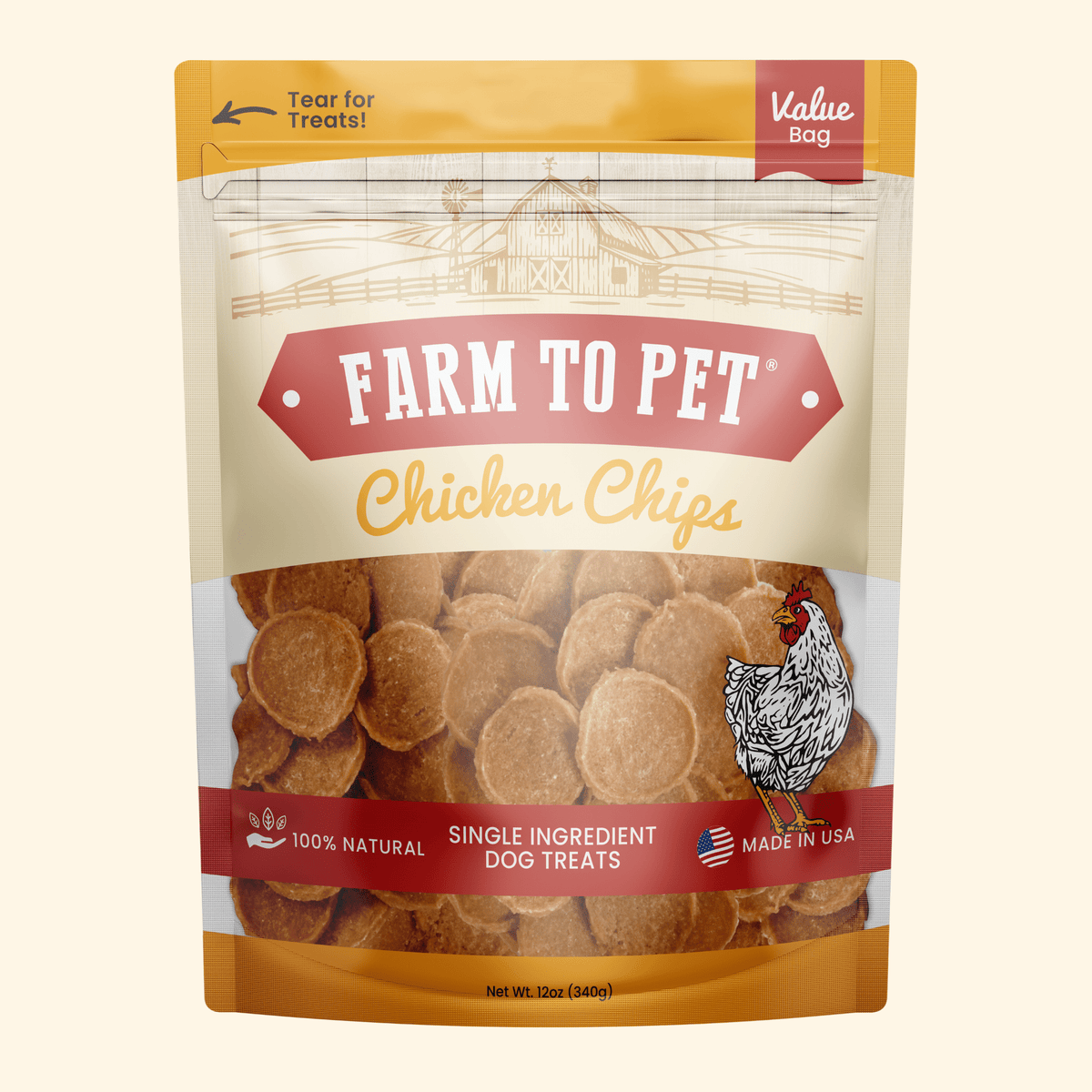 Farm To Pet Chicken Chips 12 oz value bag, front