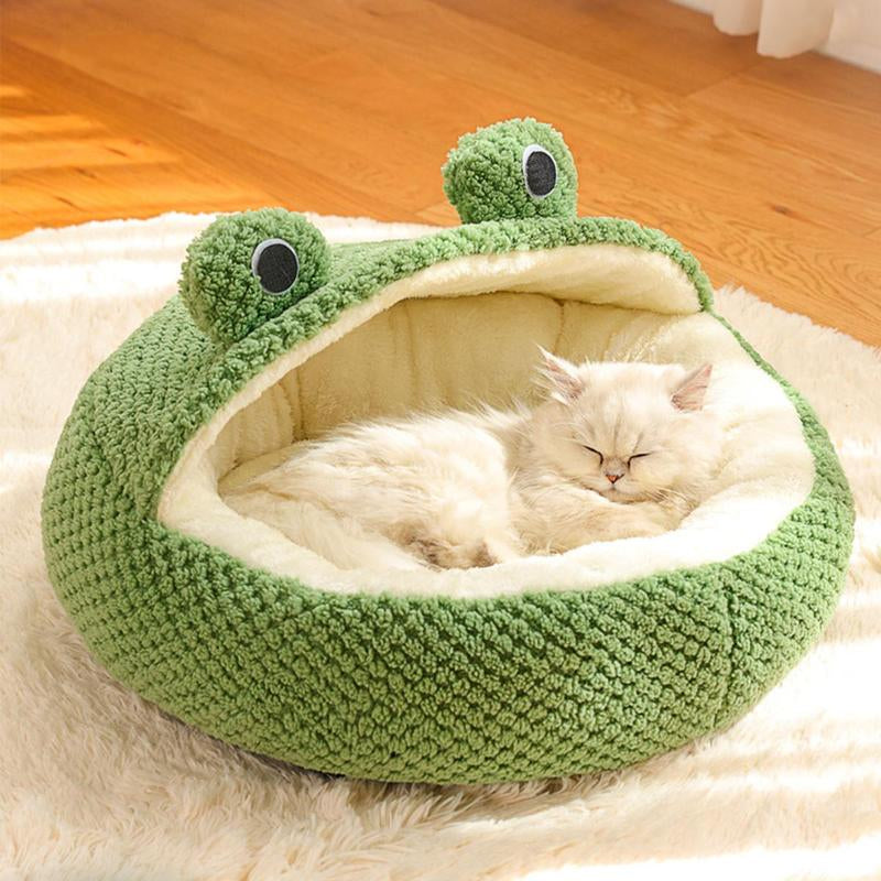Cozy Frog Haven Pet Bed: Plush, frog-shaped comfort for all pet sizes. Versatile design fits any home space. Unique, snug sleeping environment for furry friends.