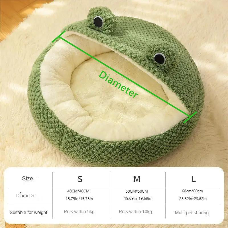 Cozy Frog Haven Pet Bed: Plush, frog-shaped comfort for all pet sizes. Versatile design fits any home space. Unique, snug sleeping environment for furry friends.