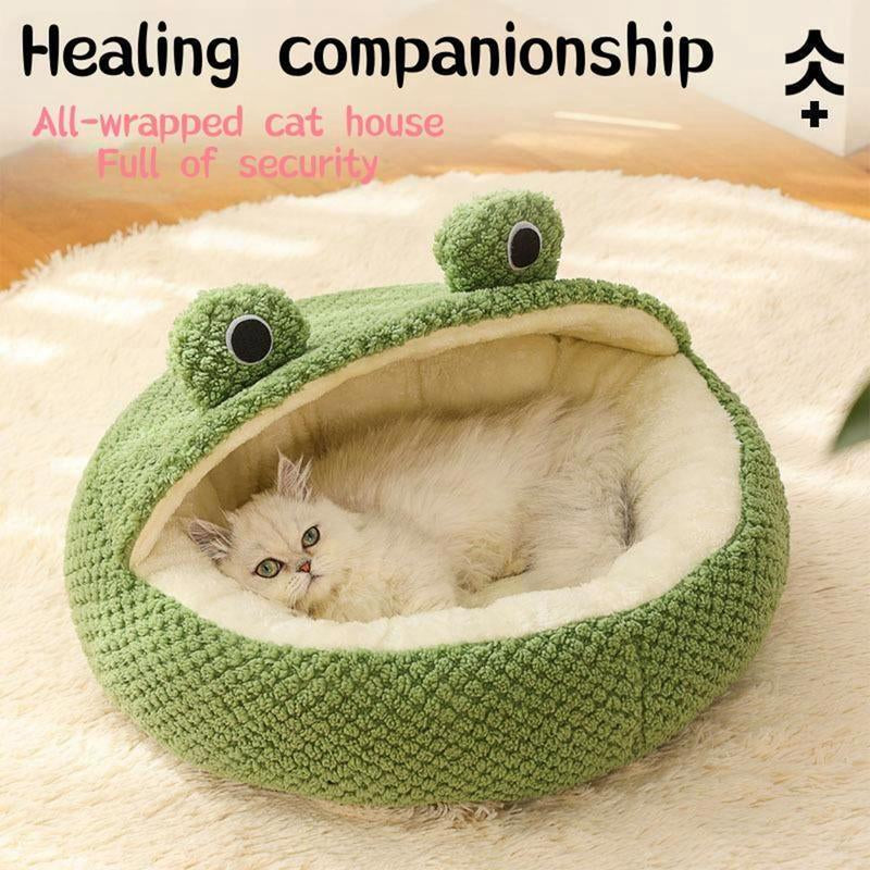 Cozy Frog Haven Pet Bed: Plush, frog-shaped comfort for all pet sizes. Versatile design fits any home space. Unique, snug sleeping environment for furry friends.