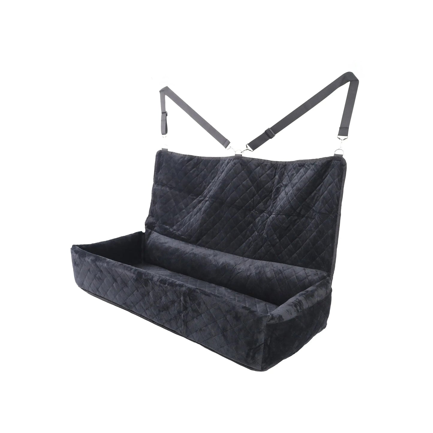 Huntley Pet dog car seat large dogs — black velvet booster back seat detail view showing side storage pocket and anti-slip base