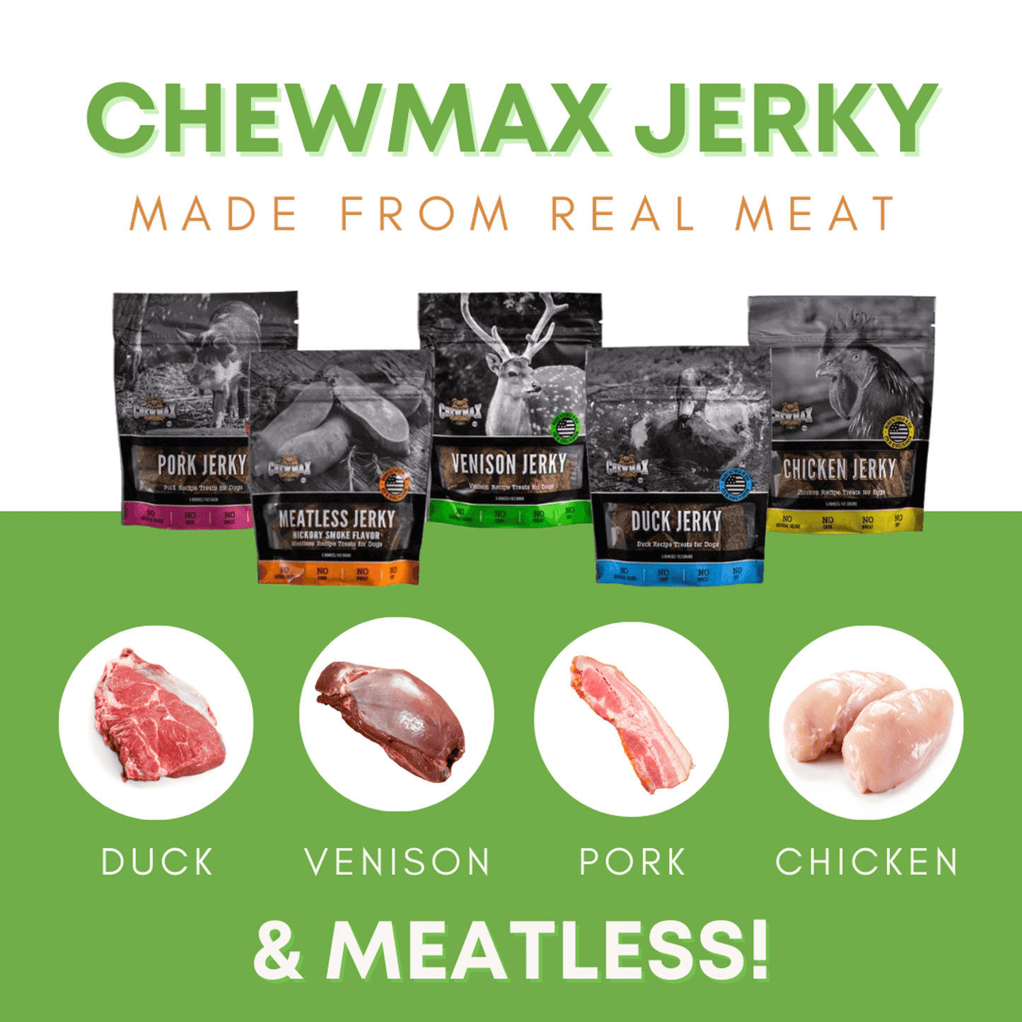 Chewmax Jerky packaging with various types of jerky and raw meat images on a green background.