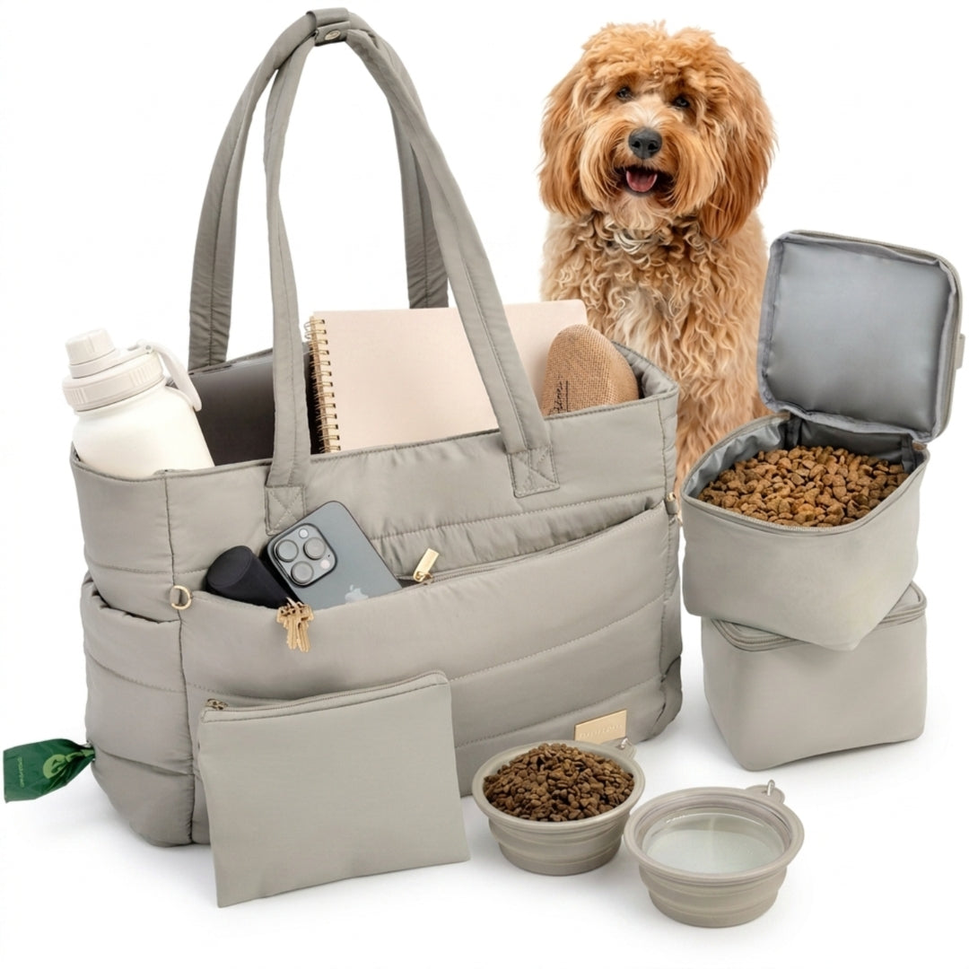 Puffer Dog Mom Travel Tote – 9 Pockets, Built-In Dog Bowls, Wipeable | Rubyloo