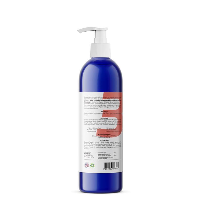 Triple-action pet shampoo with colloidal silver & hydrocortisone. Antifungal, antimicrobial, anti-inflammatory. Soothes skin, safe for all areas. Cruelty-free.