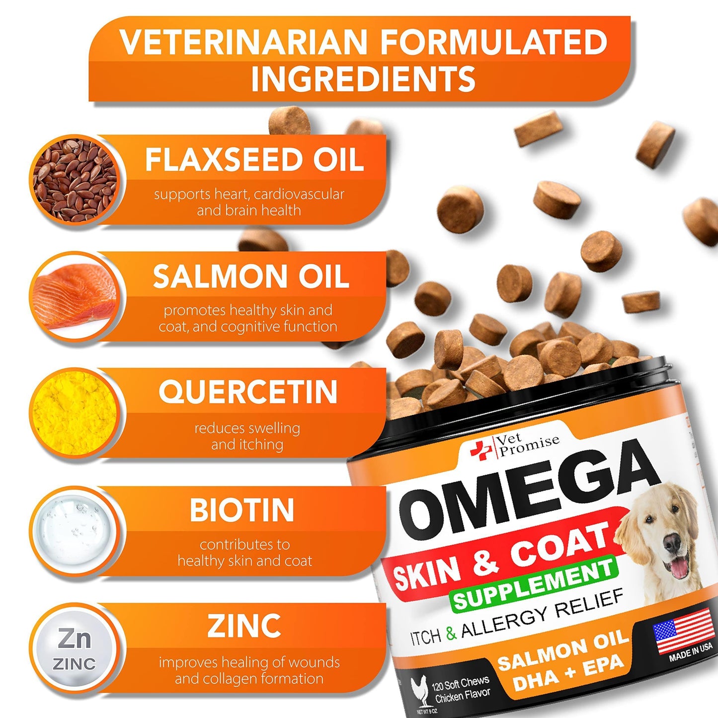 Omega 3 Dog Supplement – Healthy Skin, Shiny Coat, Itch Relief, Vet-Formulated & USA-Made
