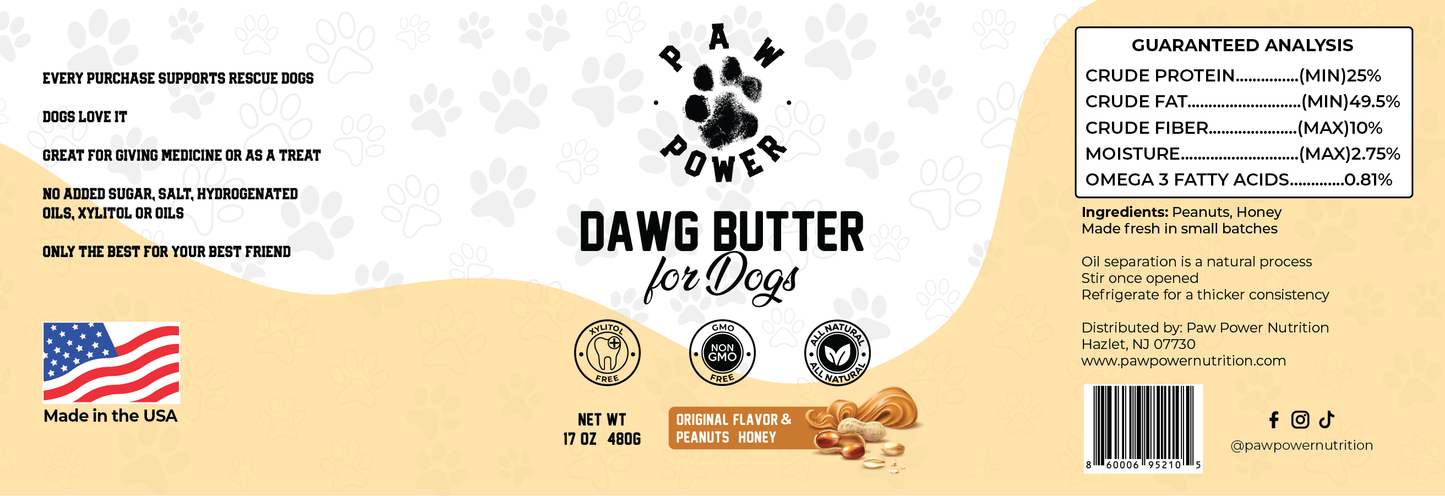 Dawg Butter Original Flavor label closeup showing two clean ingredients peanuts and honey for dog-safe treats