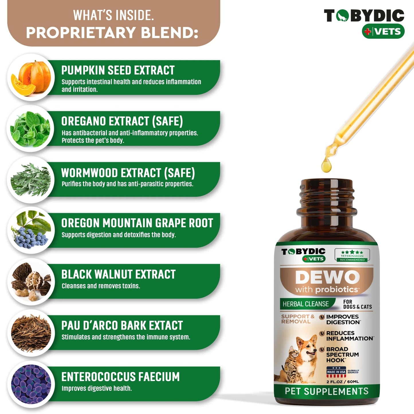Vet-crafted pet wellness drops: Probiotic blend for digestion & immunity. USA-made, all-natural. Easy to use for dogs & cats of all sizes.