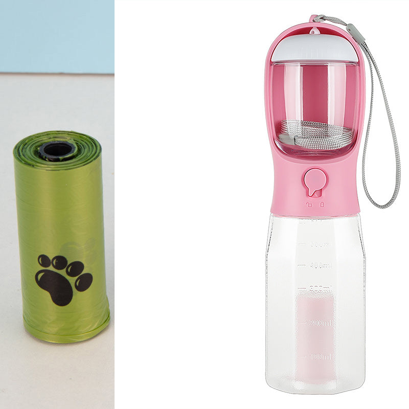 Pink 3-in-1 Portable Pet Water Bottle and Food Dispenser – Travel-Friendly Hydration & Feeding Solution for Dogs