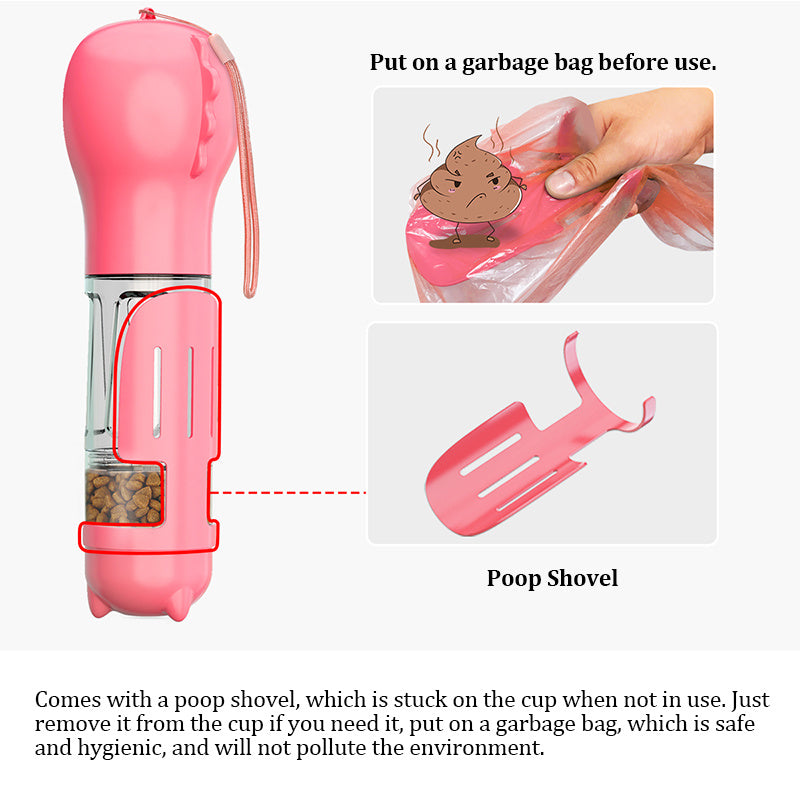 Pink 4-in-1 Dog Travel Mug: Water Bottle, Feeder, Poop Scoop & Bag Dispenser