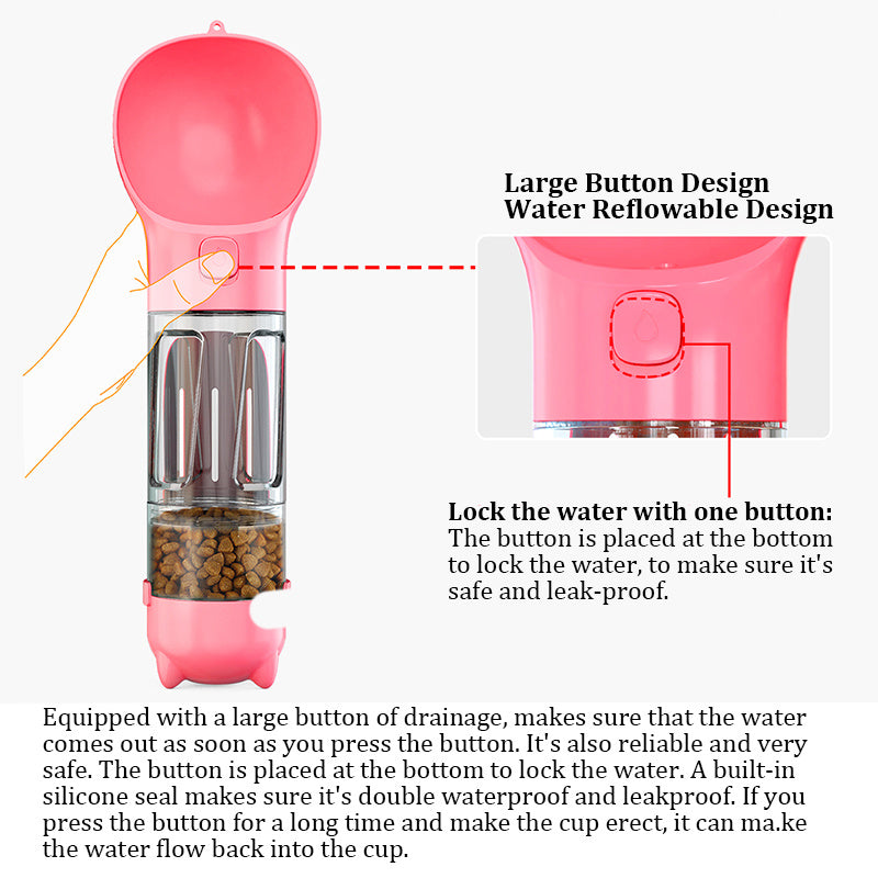 Pink 4-in-1 Dog Travel Mug: Water Bottle, Feeder, Poop Scoop & Bag Dispenser