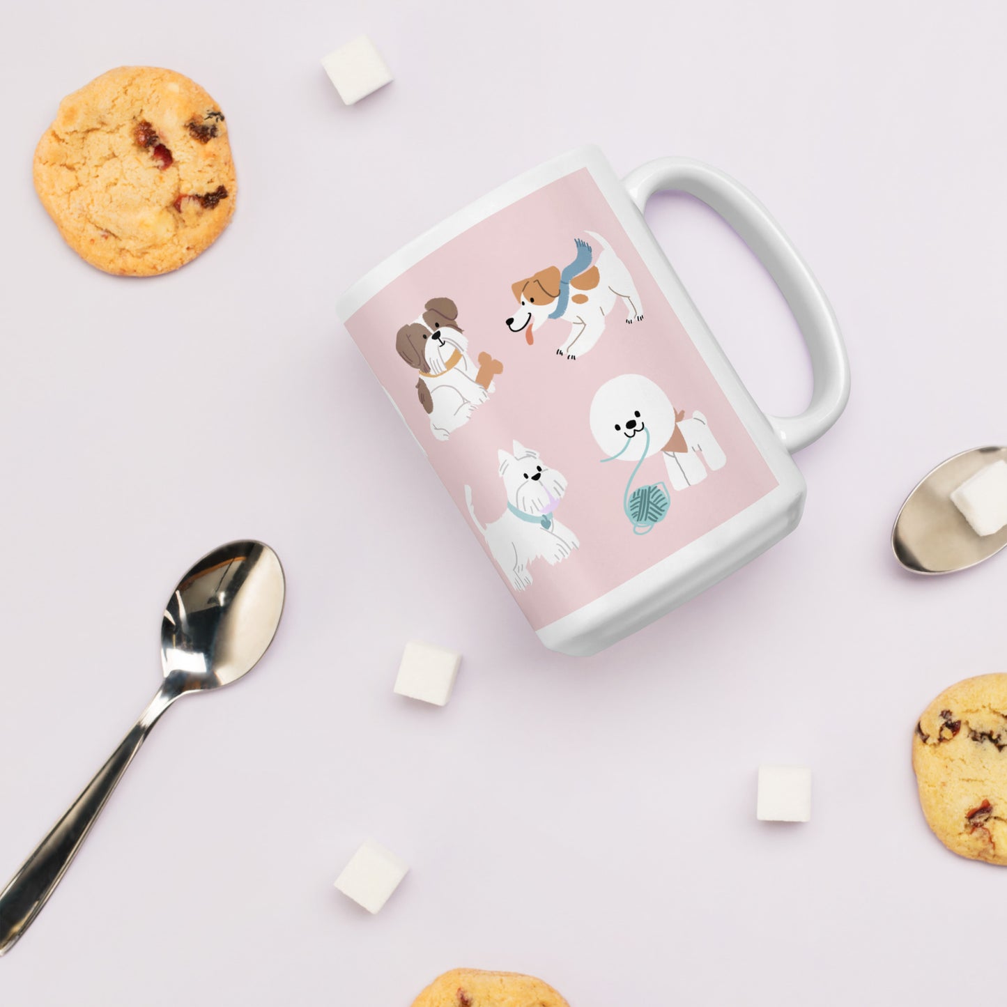 This charming mug features an adorable cartoon pups on a vibrant pink background.