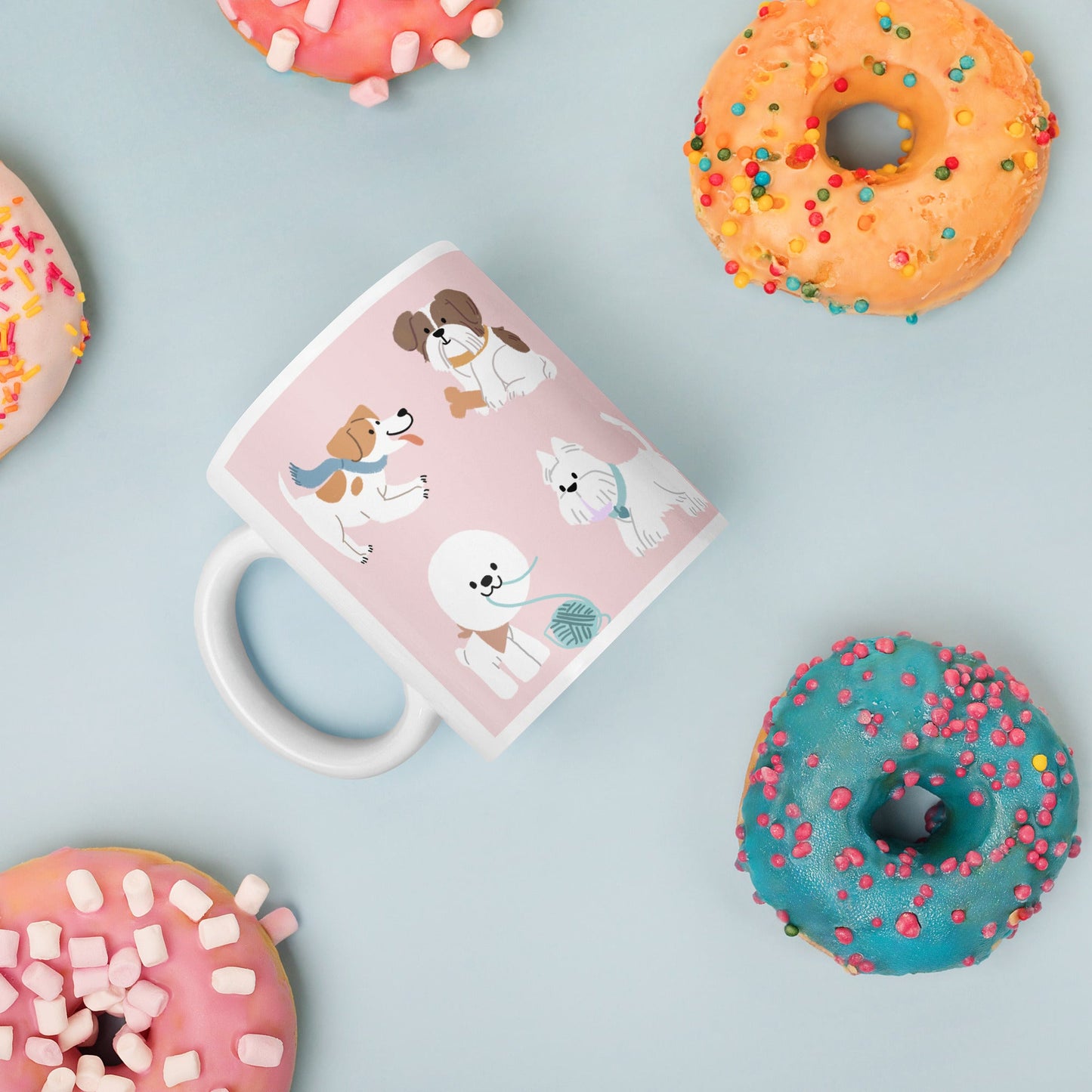 This charming mug features an adorable cartoon pups on a vibrant pink background.
