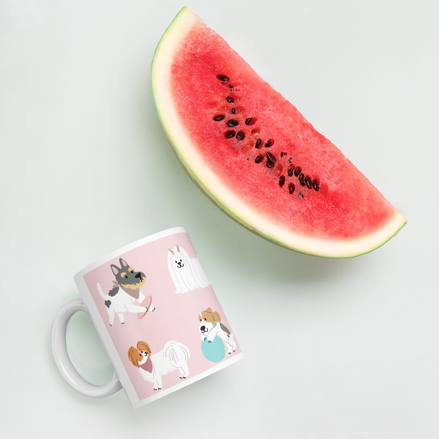 This charming mug features an adorable cartoon pups on a vibrant pink background.