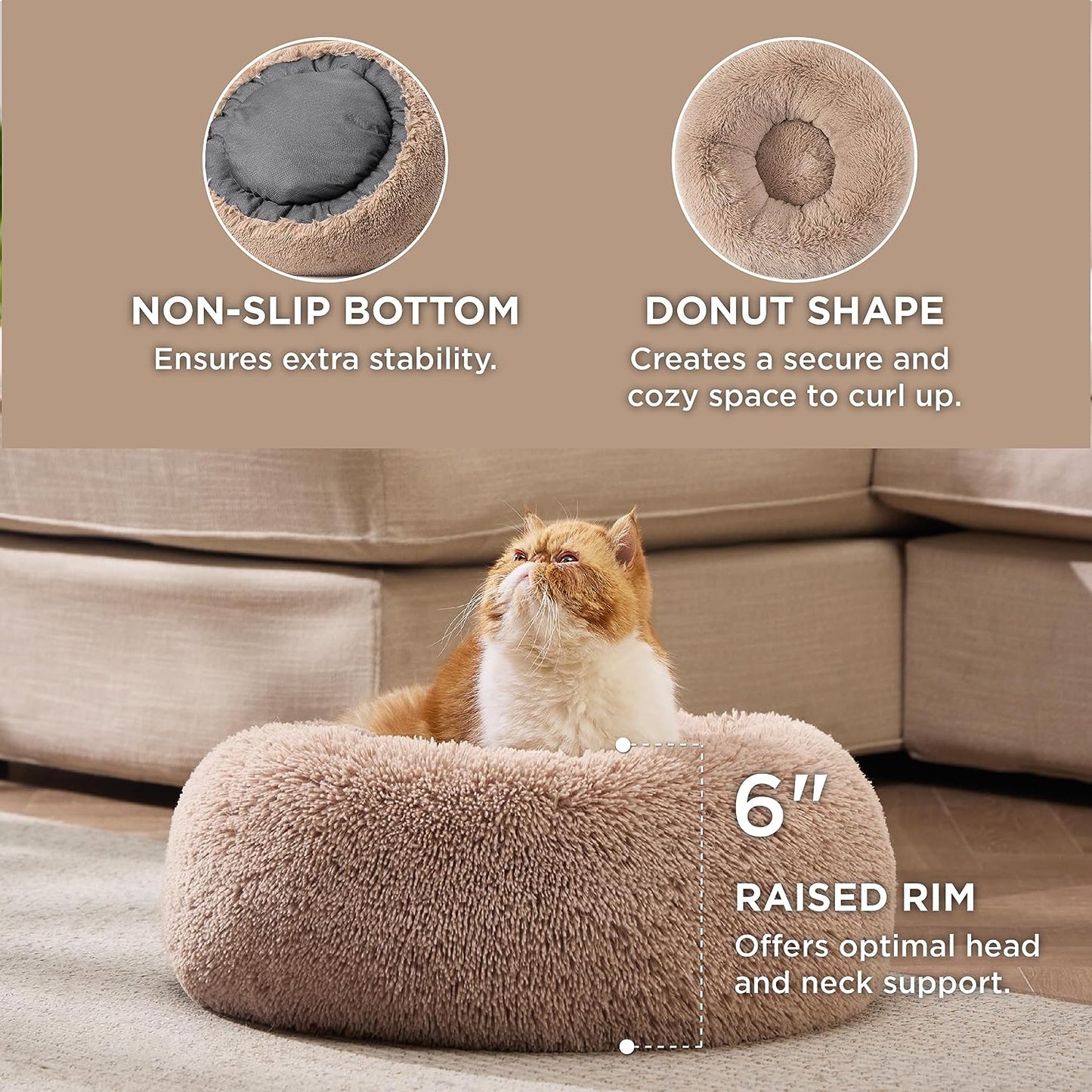 Experience unparalleled comfort for your furry friend with our Plus Donut Calming Pet Bed. This plush donut-shaped bed is 20% softer than competitors, featuring high-quality faux shag fur that creates a warm, calming environment. The raised rim design provides optimal head and neck support, while premium ultra-soft filling offers joint and muscle pain relief. OEKO-TEX certified for safety, this versatile bed comes in various sizes, with the XS (20”x20”) fitting pets up to 15 lbs.