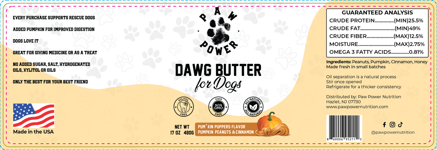 Dawg Butter Pum'kin Puppers label closeup showing pumpkin cinnamon honey ingredients for dog digestive health