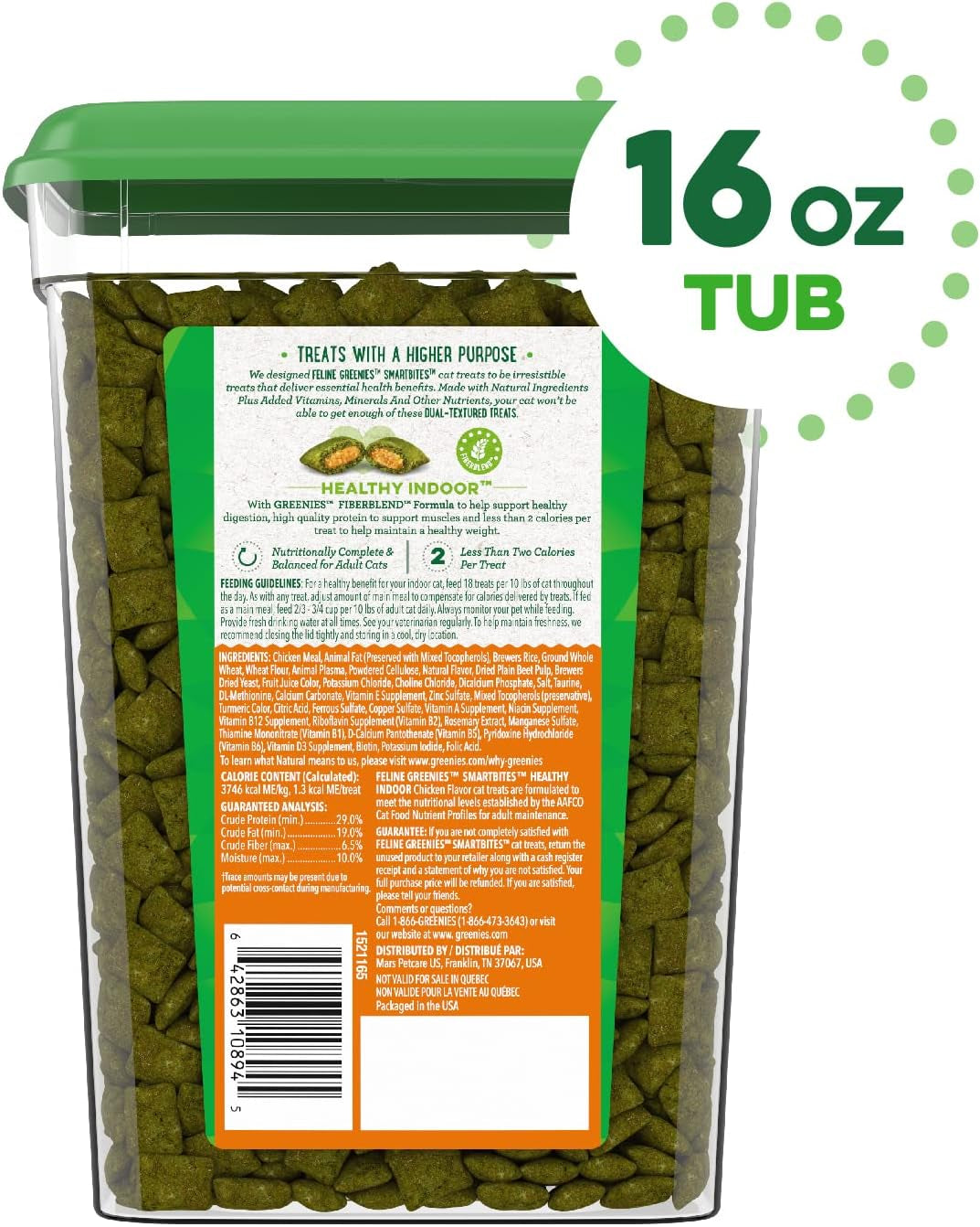 FELINE SMARTBITES HEALTHY INDOOR Natural Treats for Cats, Chicken Flavor, 16 Oz. Tub