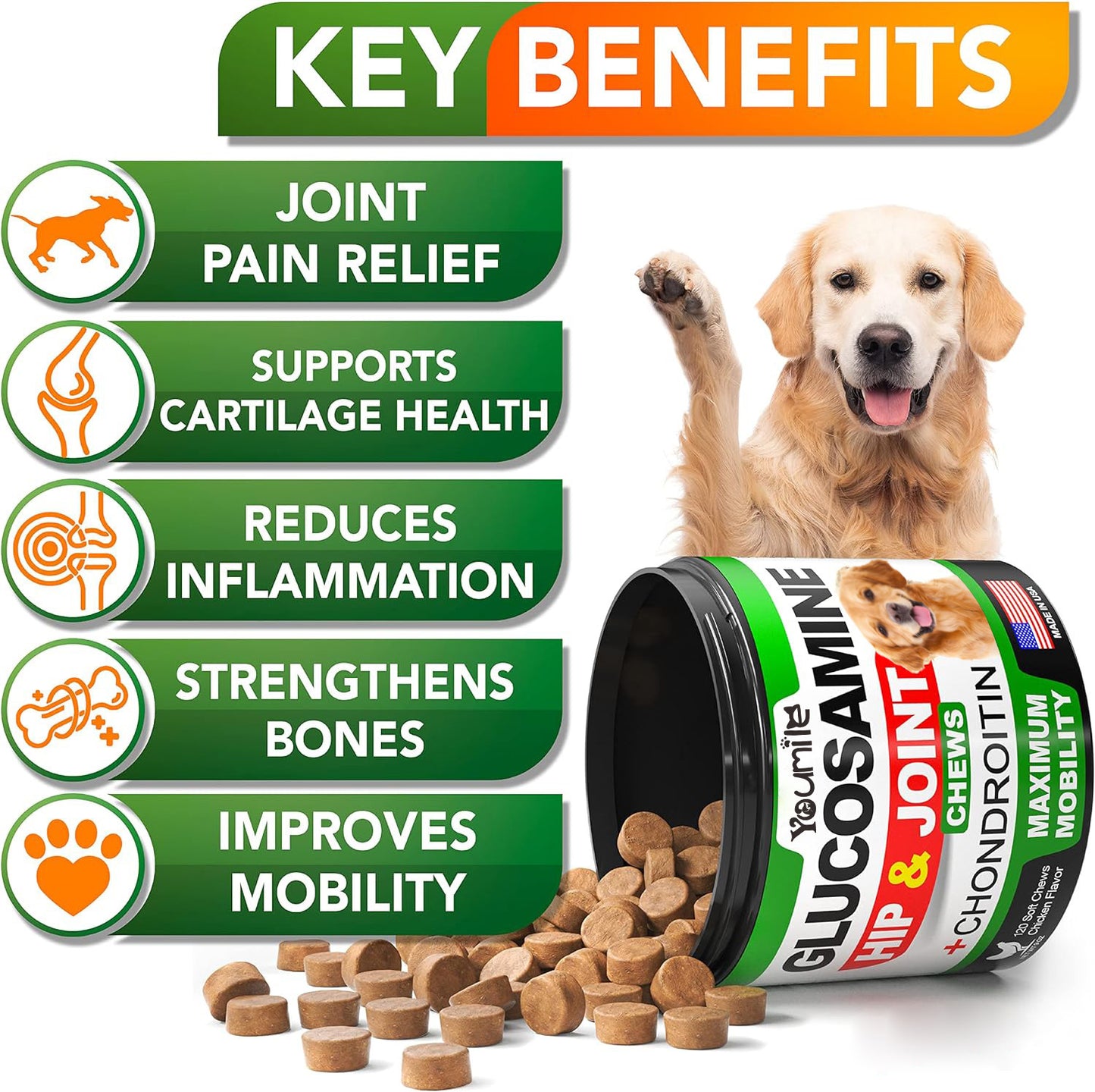 Ultimate Joint Relief: 120 chicken-flavored chews with glucosamine, chondroitin and hemp oil. Improves mobility for all dogs. Reduces inflammation, boosts flexibility. Long-lasting support.