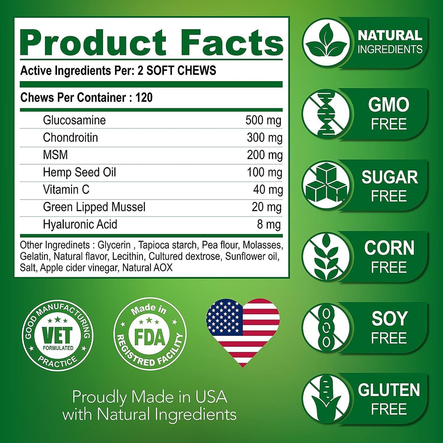 Ultimate Joint Relief: 120 chicken-flavored chews with glucosamine, chondroitin and hemp oil. Improves mobility for all dogs. Reduces inflammation, boosts flexibility. Long-lasting support.