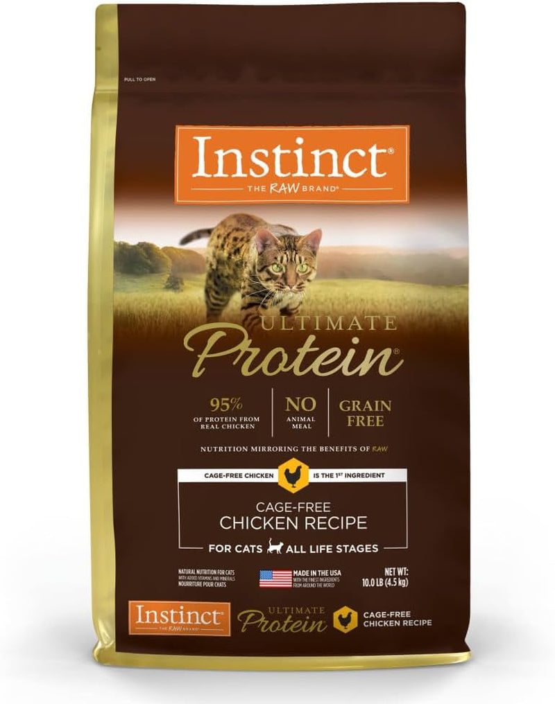 Instinct Ultimate Protein Grain-Free Cage-Free Chicken Dry Cat Food offers 95% protein from real chicken, unmatched digestibility, raw-coated kibble, and no grains or artificial additives. It includes probiotics, omegas, and antioxidants for digestive, skin, coat, and immune health.