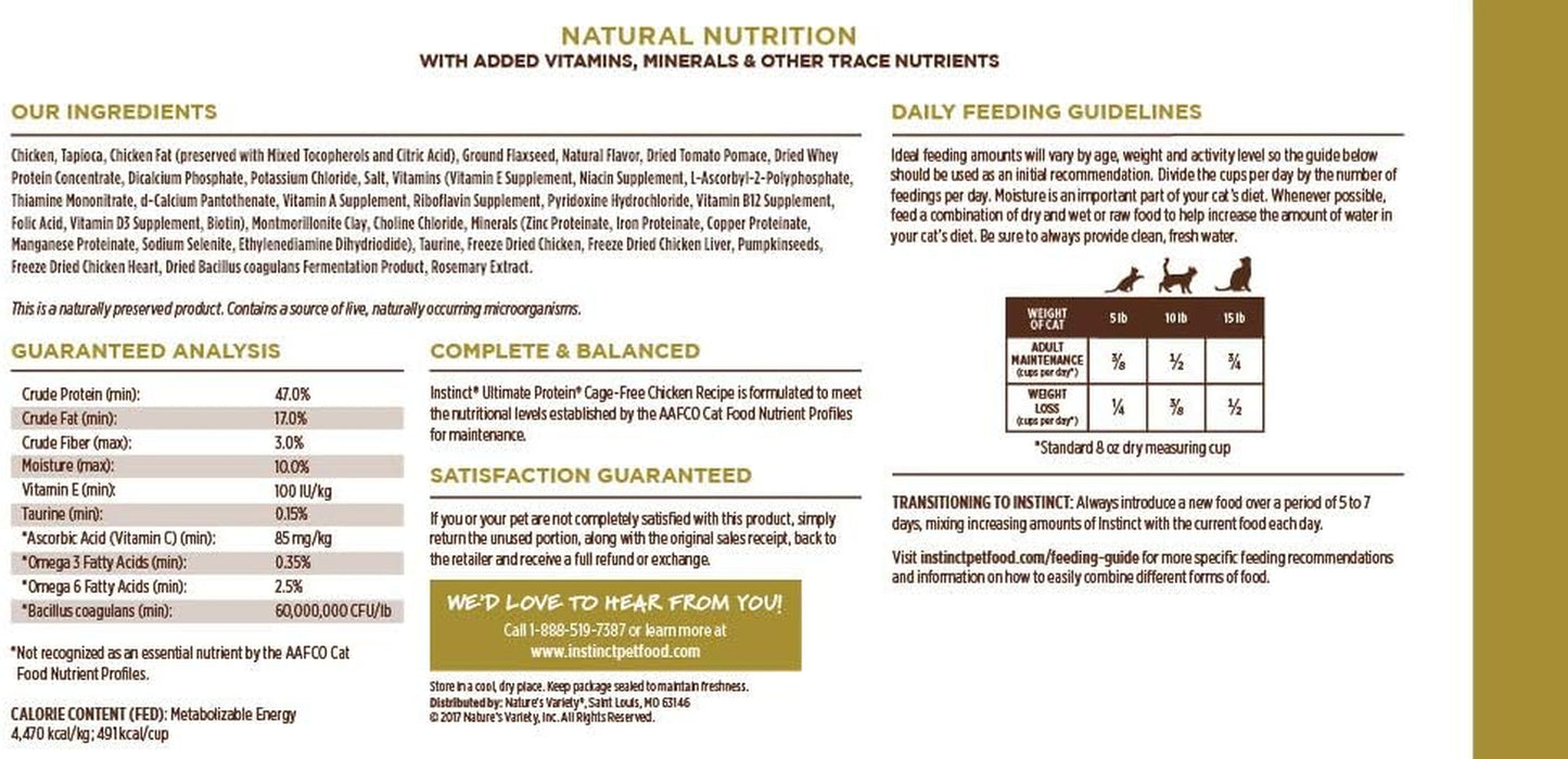 Instinct Ultimate Protein Grain-Free Cage-Free Chicken Dry Cat Food offers 95% protein from real chicken, unmatched digestibility, raw-coated kibble, and no grains or artificial additives. It includes probiotics, omegas, and antioxidants for digestive, skin, coat, and immune health.