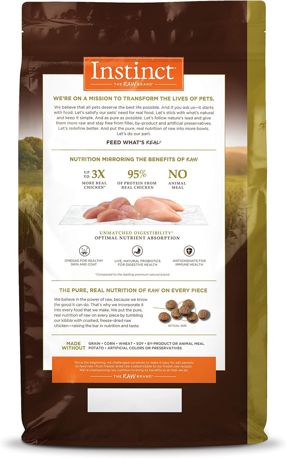 Instinct Ultimate Protein Grain-Free Cage-Free Chicken Dry Cat Food offers 95% protein from real chicken, unmatched digestibility, raw-coated kibble, and no grains or artificial additives. It includes probiotics, omegas, and antioxidants for digestive, skin, coat, and immune health.